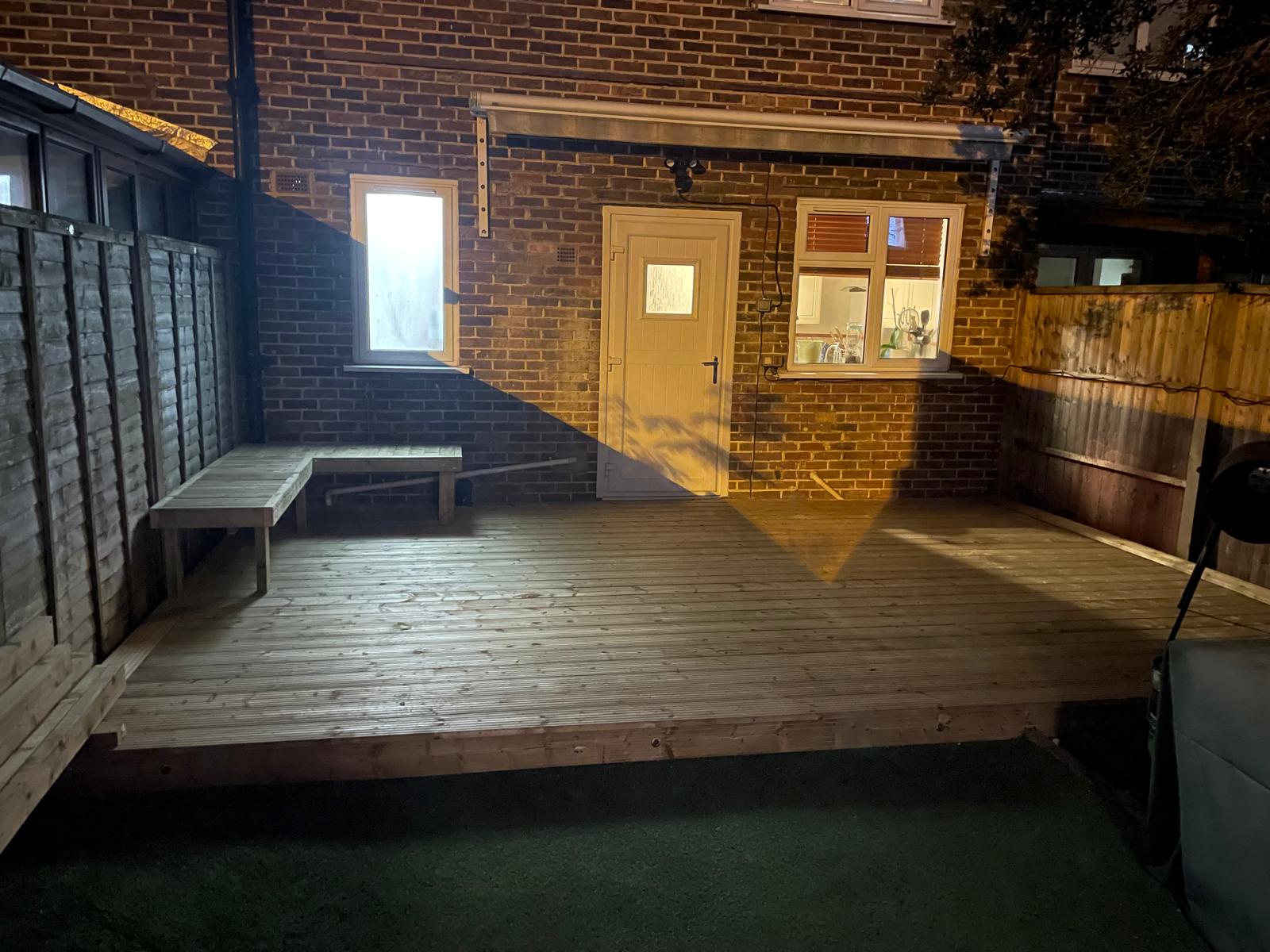 Completed decking project at night